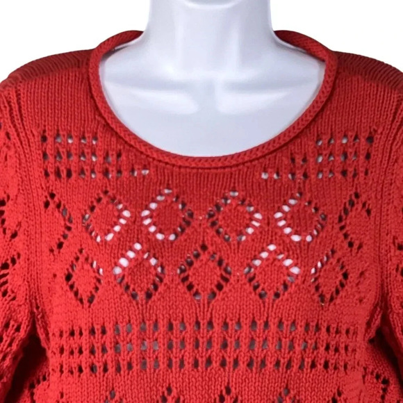 Talbots Womens Lp Red Pointelle Open Knit Sweater 3/4 Sleeve Lattice Diamond Top - Picture 3 of 14